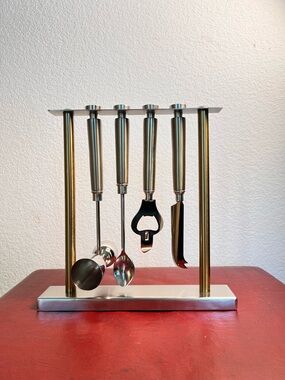 Pottery Barn 5 Pc Cocktail Bar Tool Set With Stand Metal Bartender Kit Barware